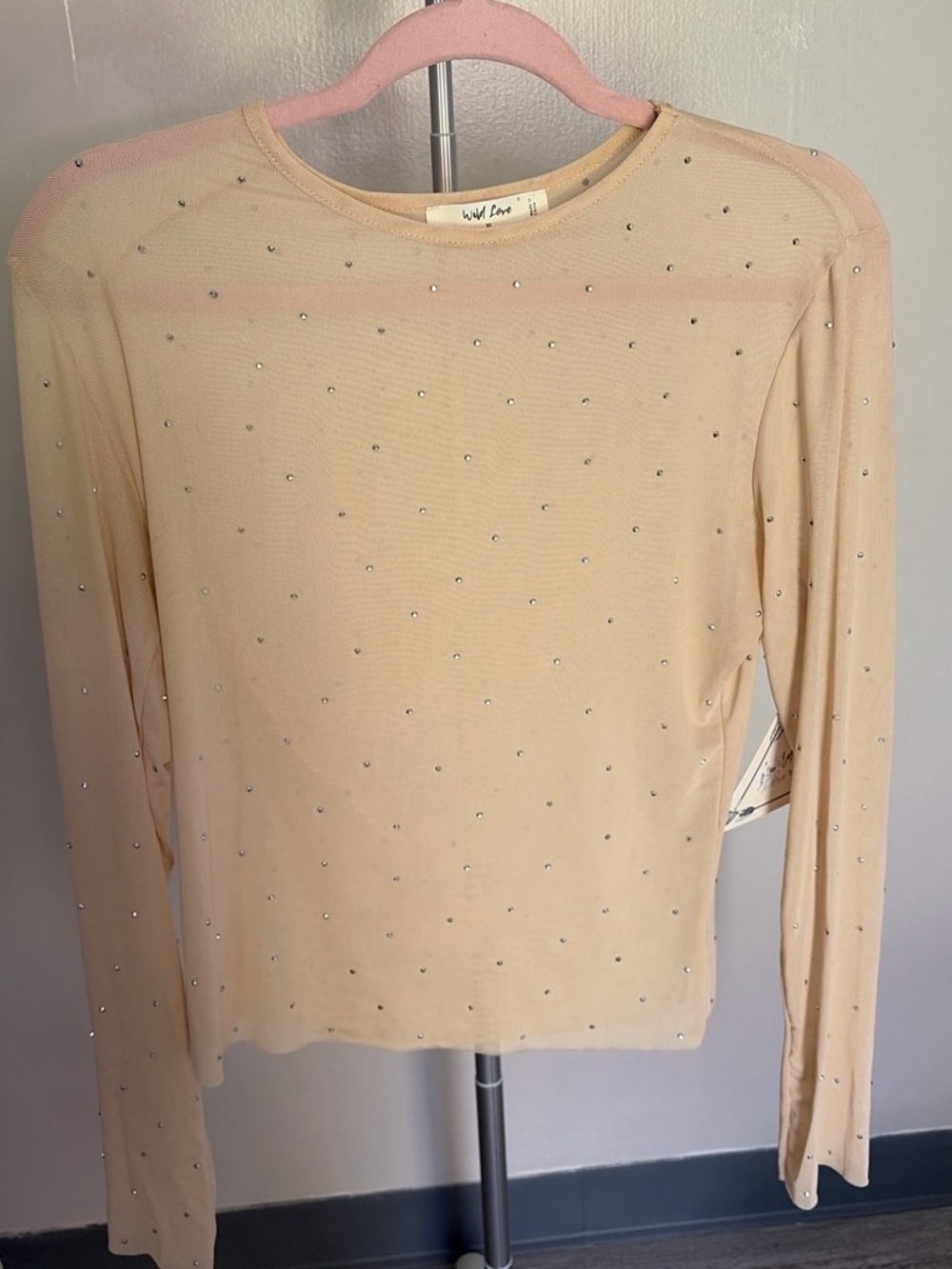 wild fable Nude Beaded Long-Sleeve Mesh Top